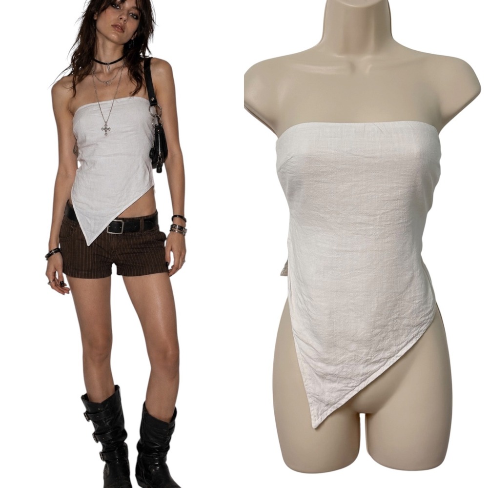 Womens 4 Tube Top Women Linen Blend Handkerchief Hem Strapless‎ Indie Sleaze